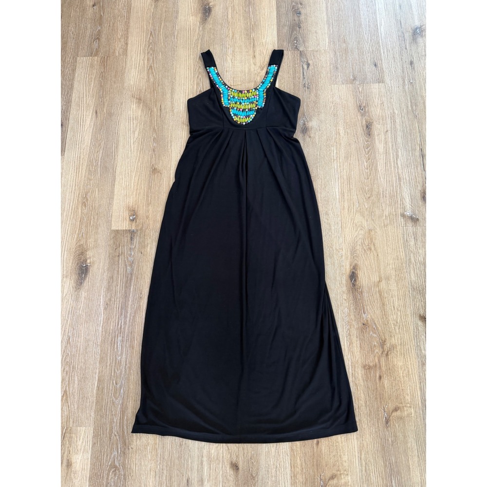Cato Maxi Dress Women S Black Beaded‎ Bib Neckline Boho Sleeveless Jersey Gown
